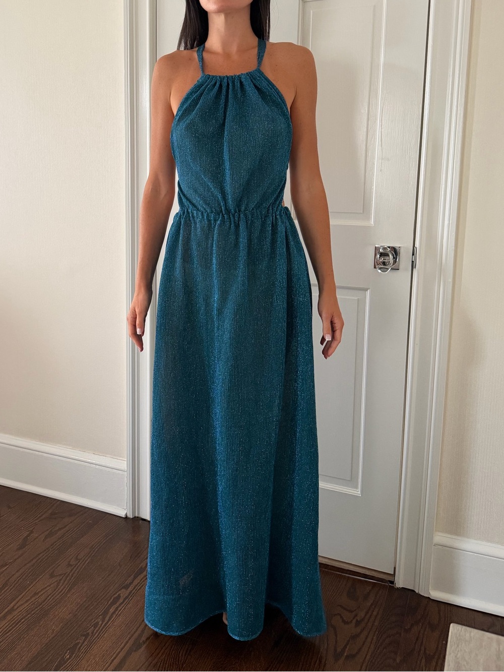 Sleeveless Open-Back Halter Maxi Dress in Sparkly Teal
